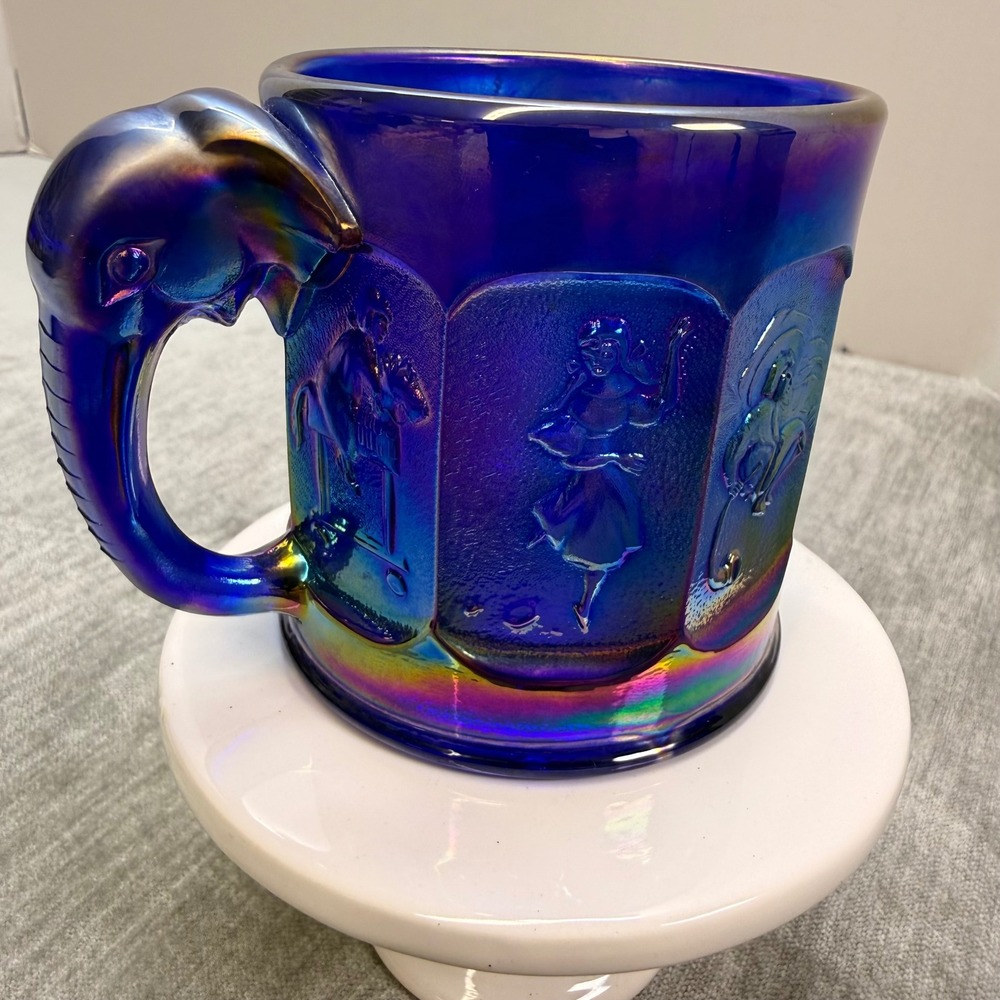 Imperial Glass Cobalt Blue Carnival Glass Nursery Rhyme Mug Elephant Handle IG